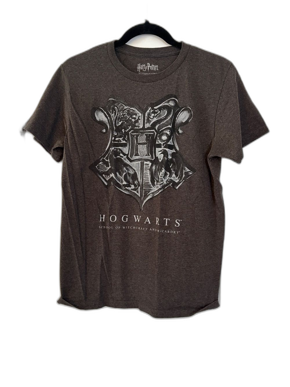 Harry Potter Hogwarts Crest Graphic T-Shirt Charcoal Heather Grey Short Sleeve S